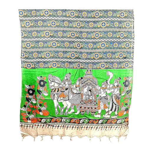 Kalamkari Pure Silk Diyya Design Natural Hand Block Printed Atomic Tangerine