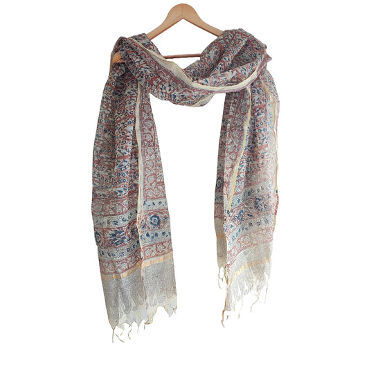 Kota Doria Kalamkari Cotton Silk Beige And Red Colour Floral Dupatta