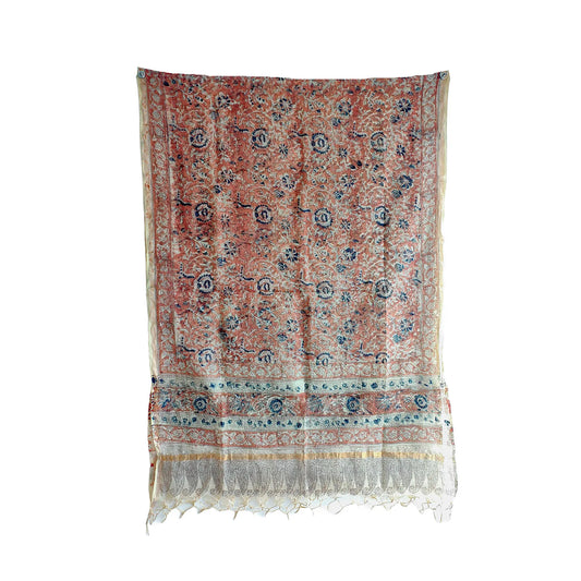Kota Doria Kalamkari Cotton Silk Orange Colour Floral Dupatta