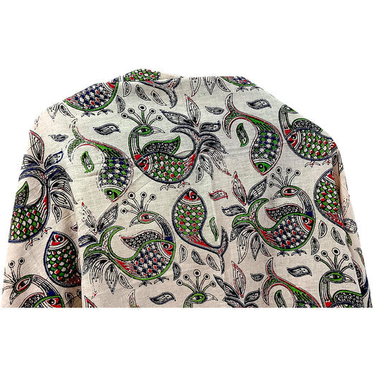 Original Pedana Kalamkari Hand Block Fish and Peacock Print Stole