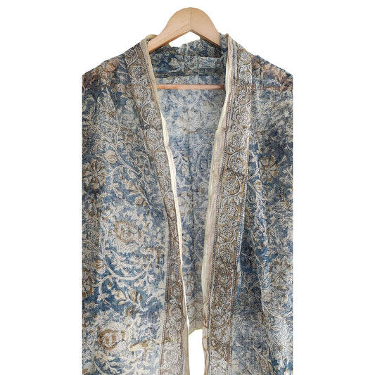 Kota Doria Kalamkari Cotton Silk Red and Blue Colour Floral Dupatta