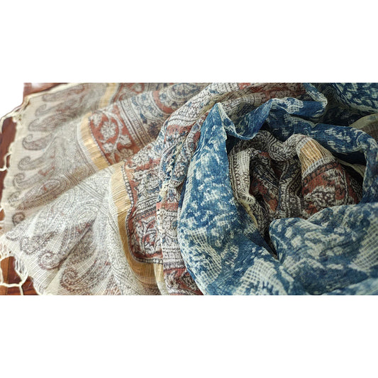 Kota Doria Kalamkari Cotton Silk Blue Colour Floral Dupatta
