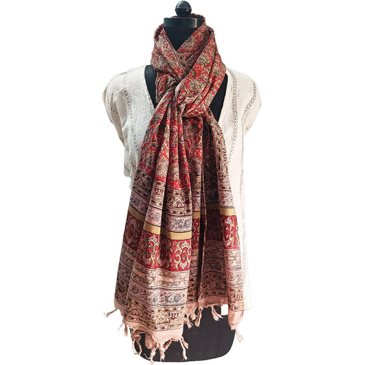 Kalamkari Block printed Hand Woven Stole with tassels