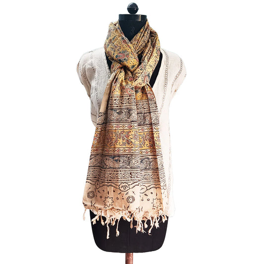 Kalamkari Block Printed Hand Woven Stole with Tassels