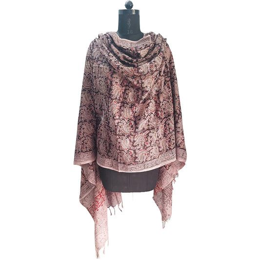 Kalamkari Block Printed Hand Woven Stole with Tassels