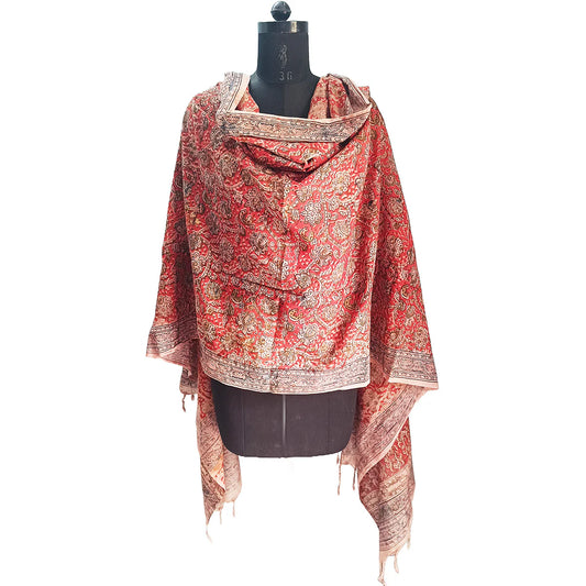 Kalamkari Block Printed Hand Woven Stole with Tassels