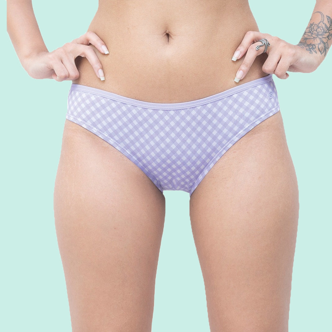 Organic Everyday Undies (Bikini) (6pc) Green Fig, Lavender Checks , Lavender