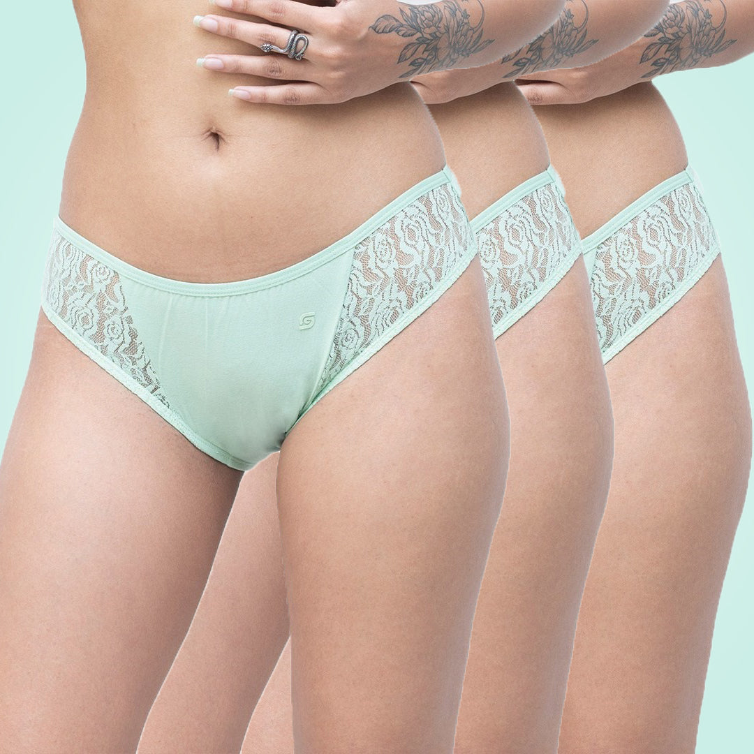 Organic Everyday Undies (Bikini) (3pc Green Fig, Lavender Checks , Lavender