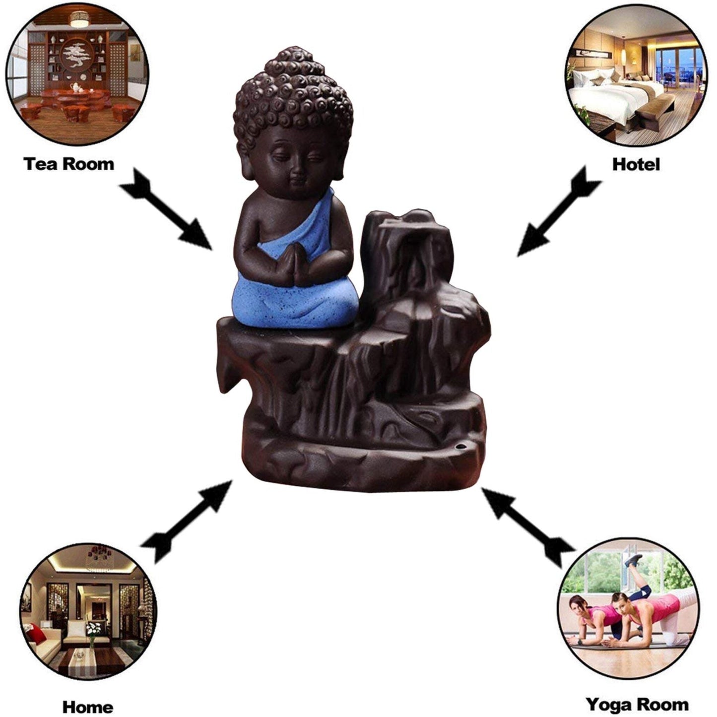 Buddha Smoke Backflow Fountain Incense Holder Decorative Showpiece with Free 20 Smoke Backflow Scented Cones Incense (Blue)