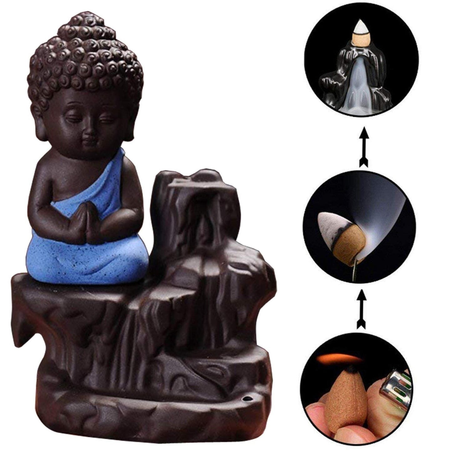 Buddha Smoke Backflow Fountain Incense Holder Decorative Showpiece with Free 20 Smoke Backflow Scented Cones Incense (Blue)