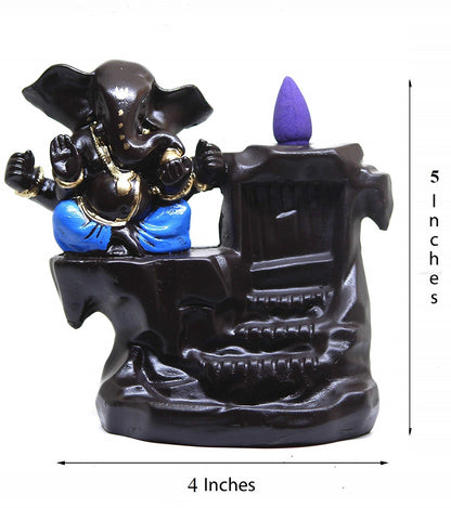 Ganesha Smoke Backflow Cone Incense Holder with 20 Cones Decorative Showpiece – 12.5 cm (Polyresin, Blue, Brown)