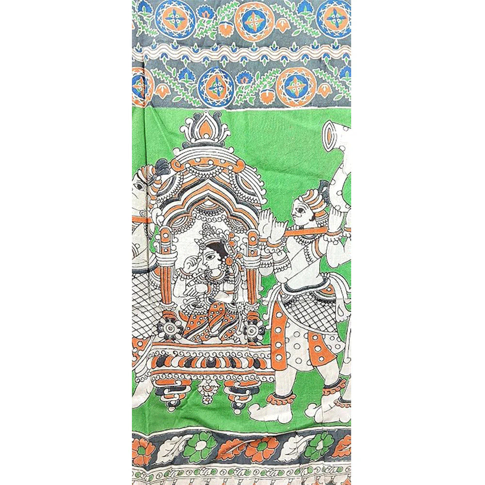 Kalamkari Pure Silk Diyya Design Natural Hand Block Printed Atomic Tangerine