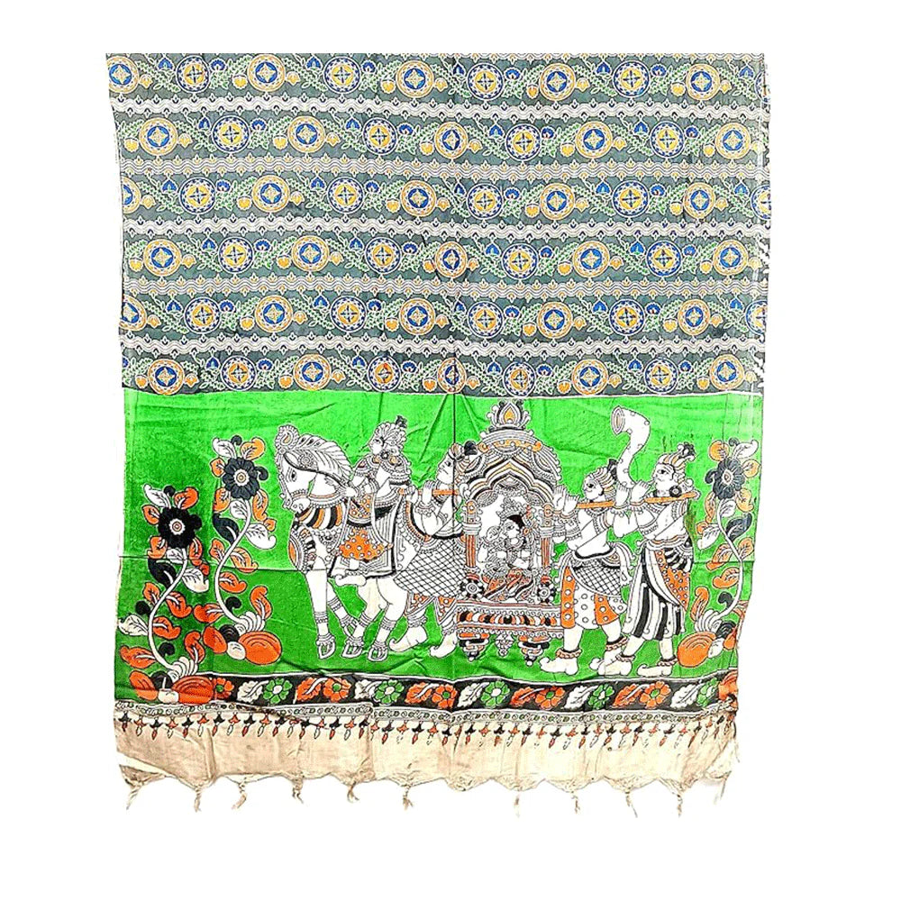 Kalamkari Pure Silk Diyya Design Natural Hand Block Printed Atomic Tangerine