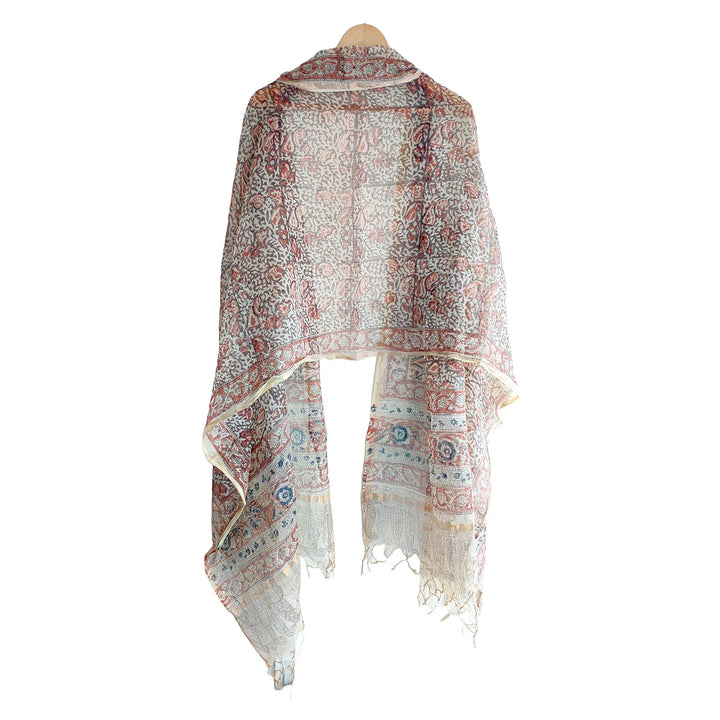 Kota Doria Kalamkari Cotton Silk Yellow Colour Floral Dupatta