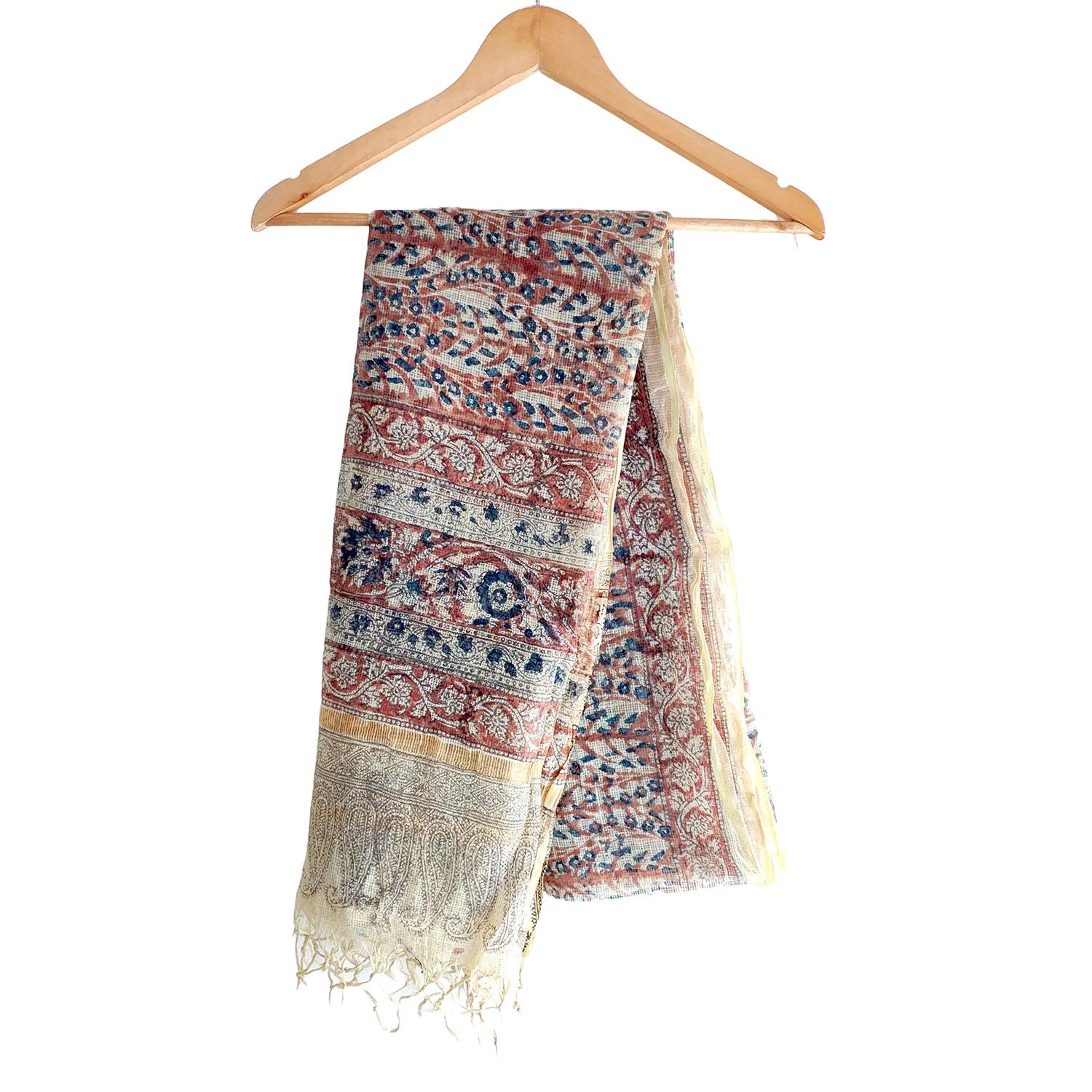 Kota Doria Kalamkari Cotton Silk Beige And Red Colour Floral Dupatta