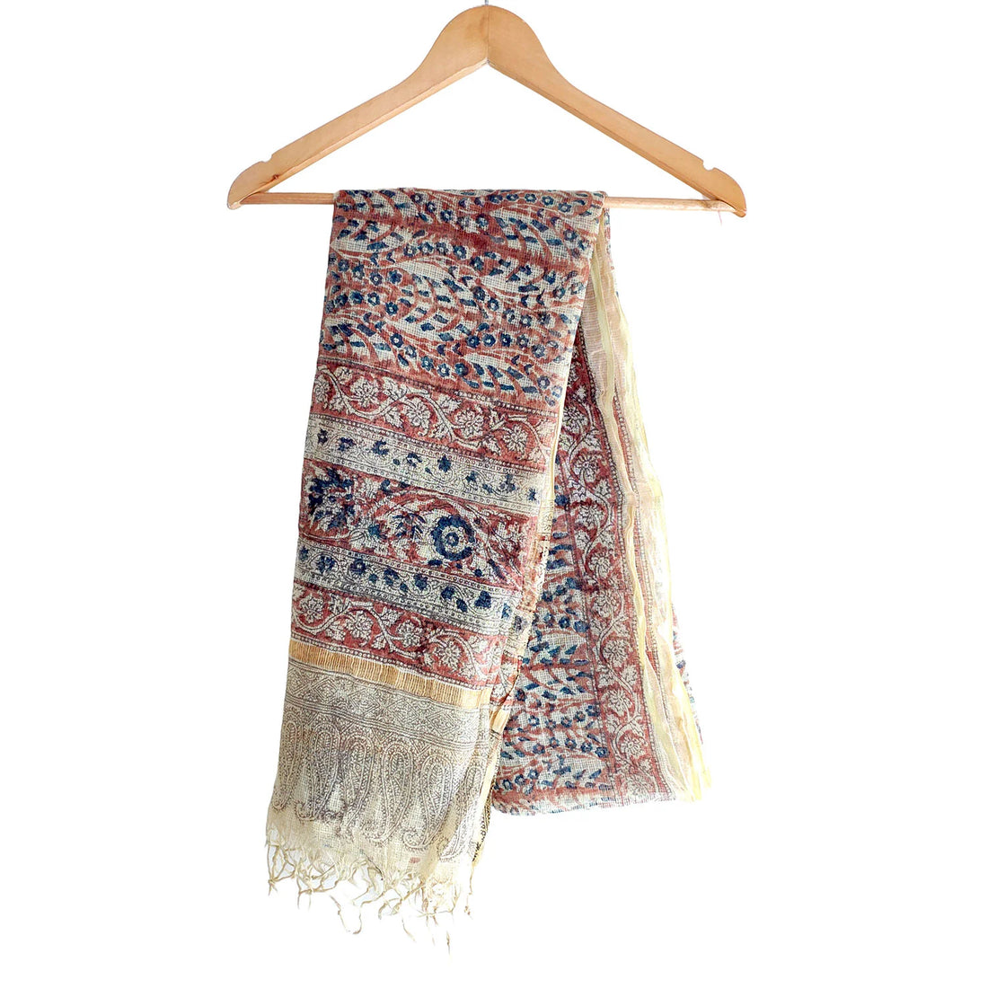 Kota Doria Kalamkari Cotton Silk Beige And Red Colour Floral Dupatta