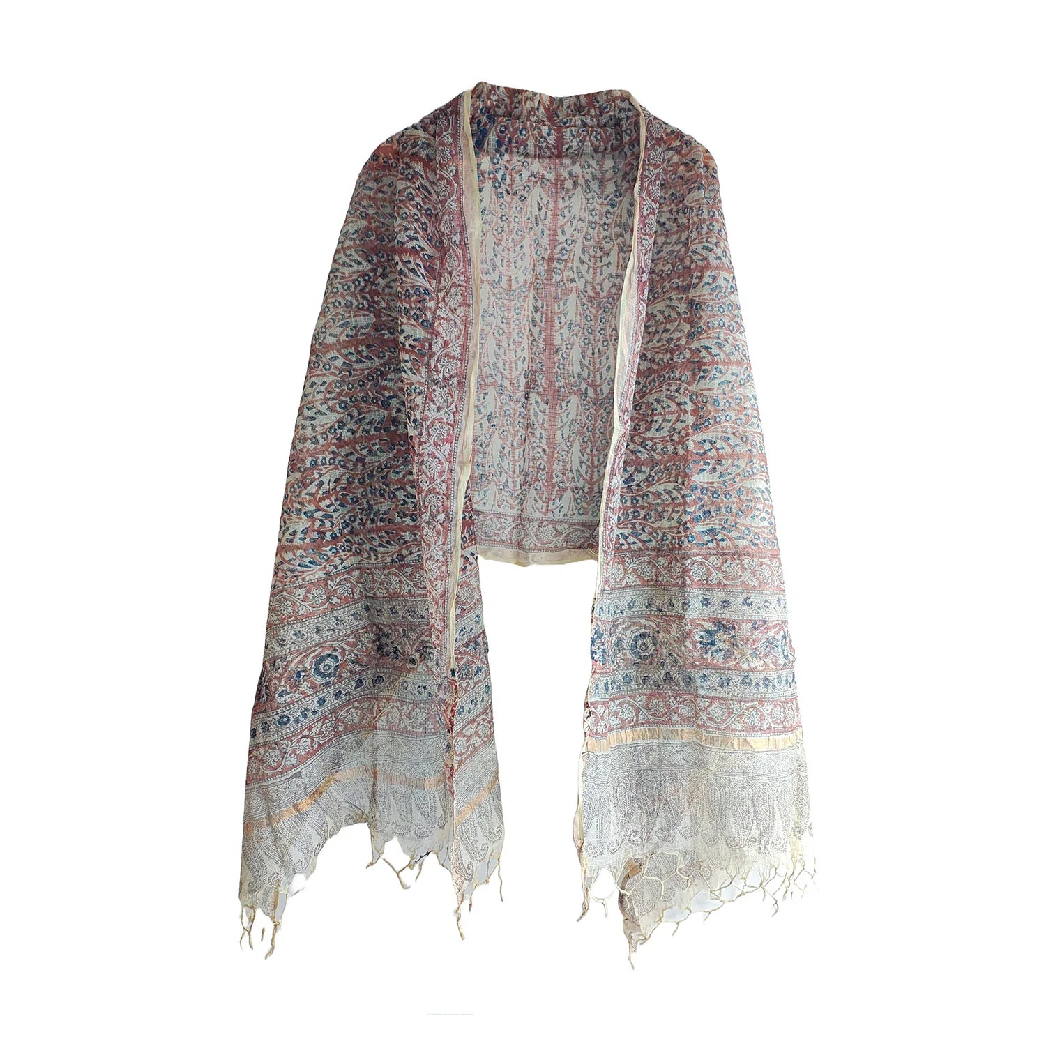 Kota Doria Kalamkari Cotton Silk Beige And Red Colour Floral Dupatta
