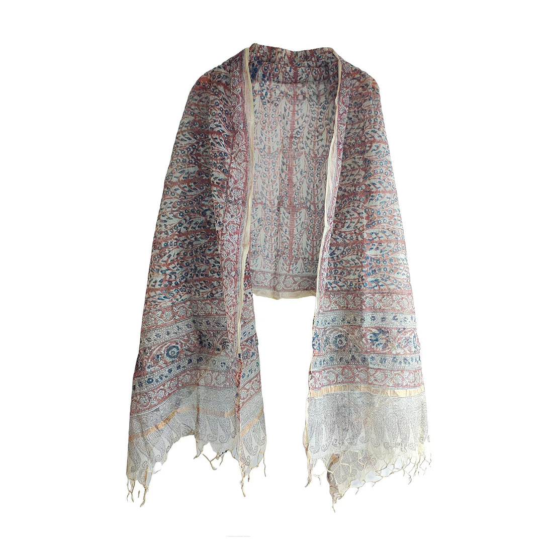 Kota Doria Kalamkari Cotton Silk Beige And Red Colour Floral Dupatta