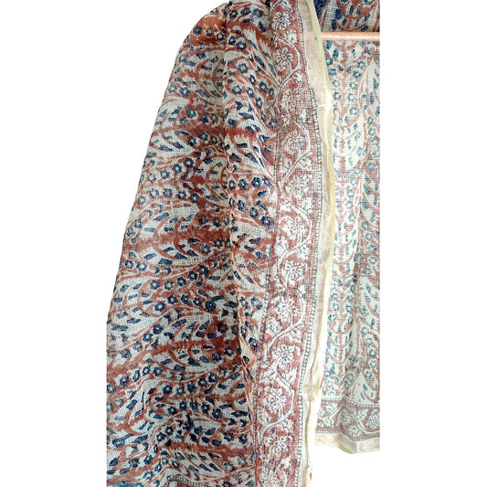 Kota Doria Kalamkari Cotton Silk Beige And Red Colour Floral Dupatta