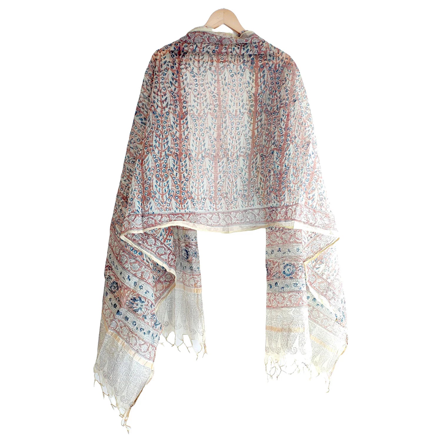 Kota Doria Kalamkari Cotton Silk Beige And Red Colour Floral Dupatta