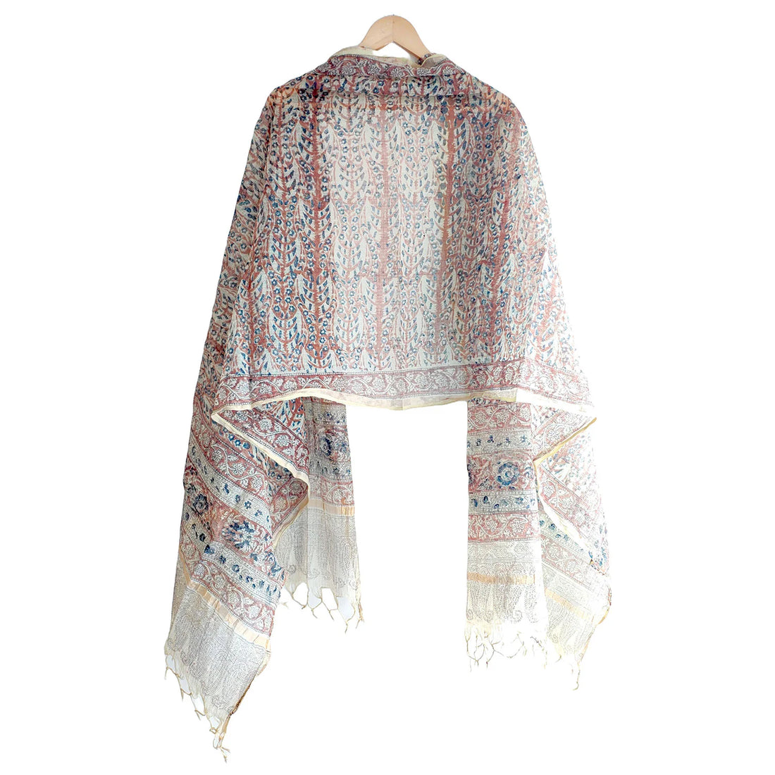 Kota Doria Kalamkari Cotton Silk Beige And Red Colour Floral Dupatta