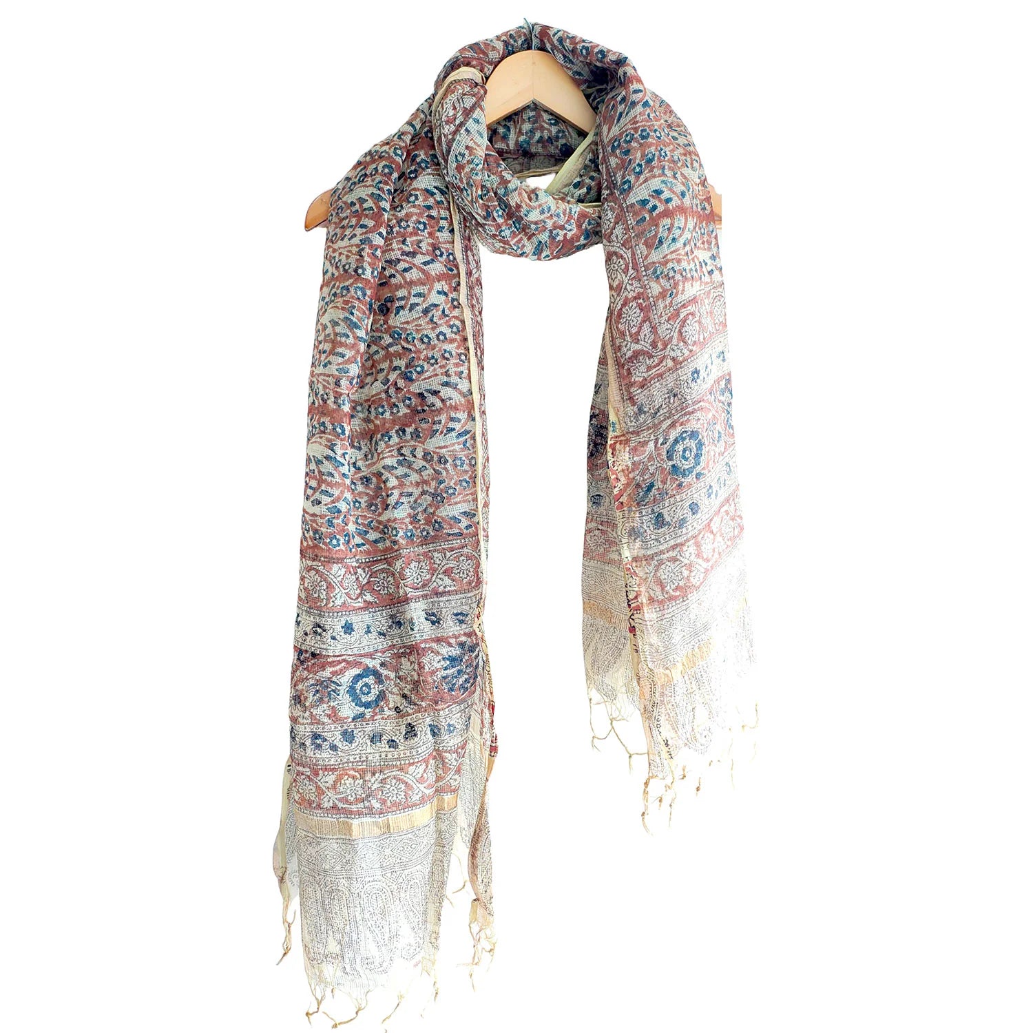 Kota Doria Kalamkari Cotton Silk Beige And Red Colour Floral Dupatta