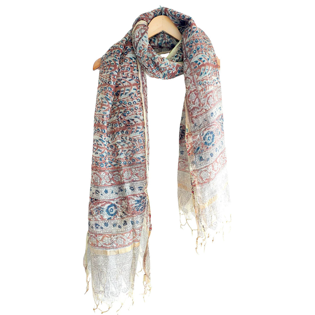 Kota Doria Kalamkari Cotton Silk Beige And Red Colour Floral Dupatta