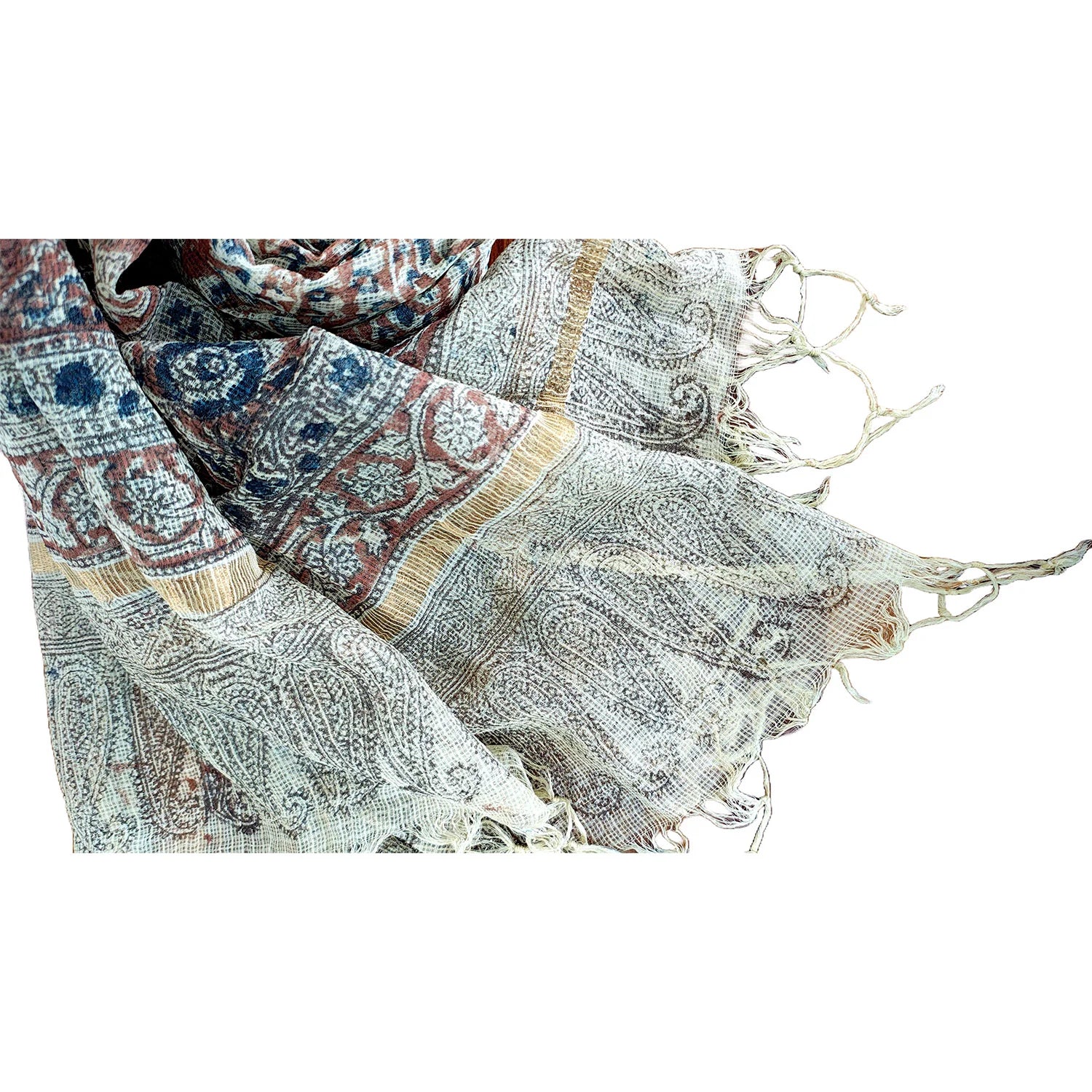 Kota Doria Kalamkari Cotton Silk Beige And Red Colour Floral Dupatta