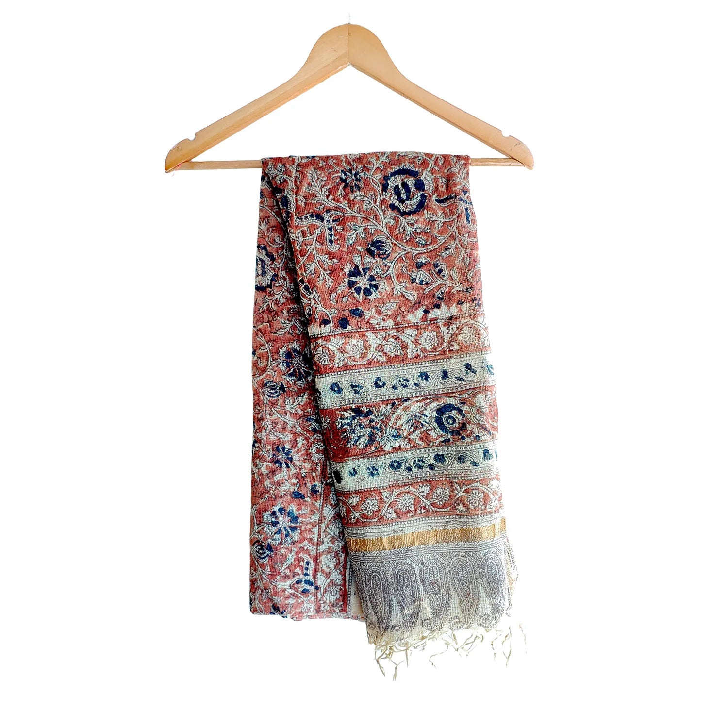 Kota Doria Kalamkari Cotton Silk Orange Colour Floral Dupatta