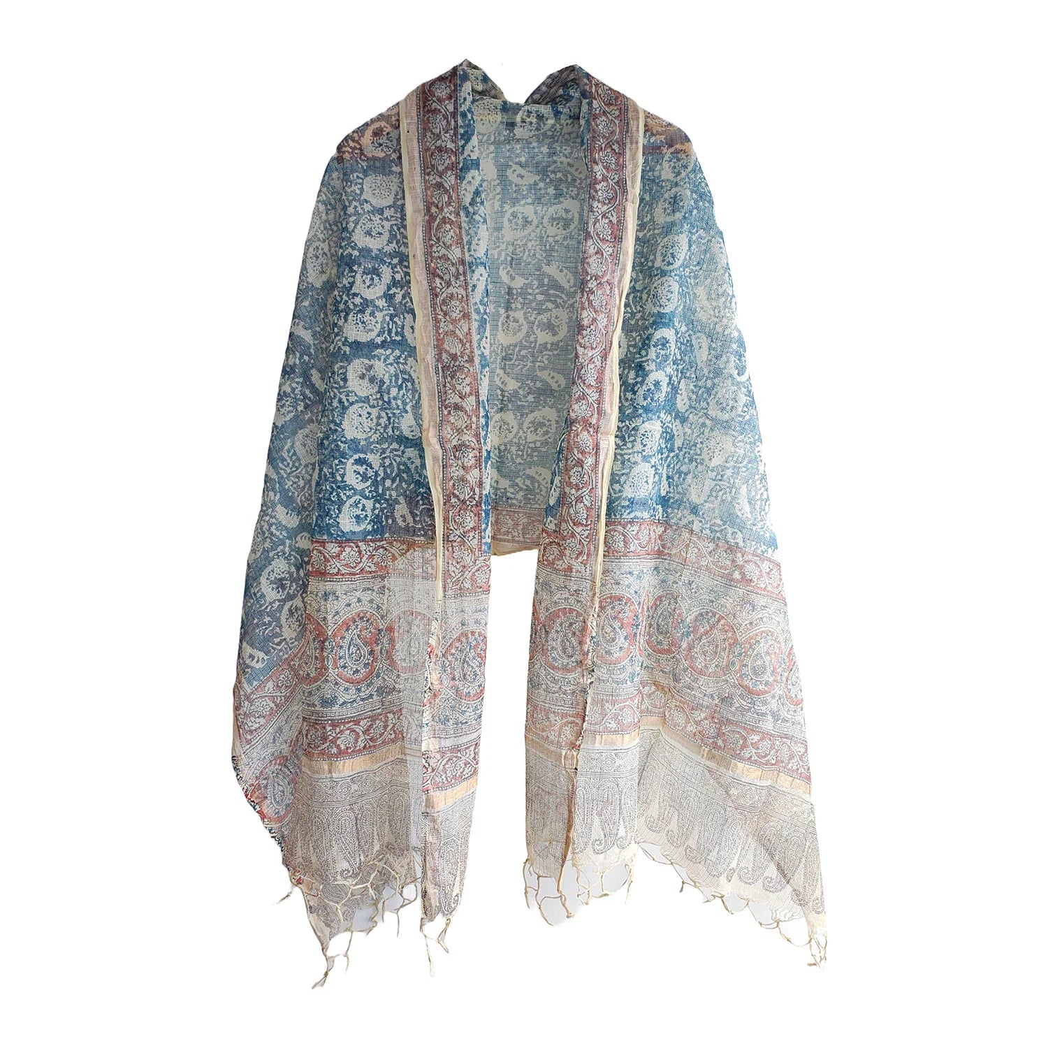 Kota Doria Kalamkari Cotton Silk Blue Colour Floral Dupatta
