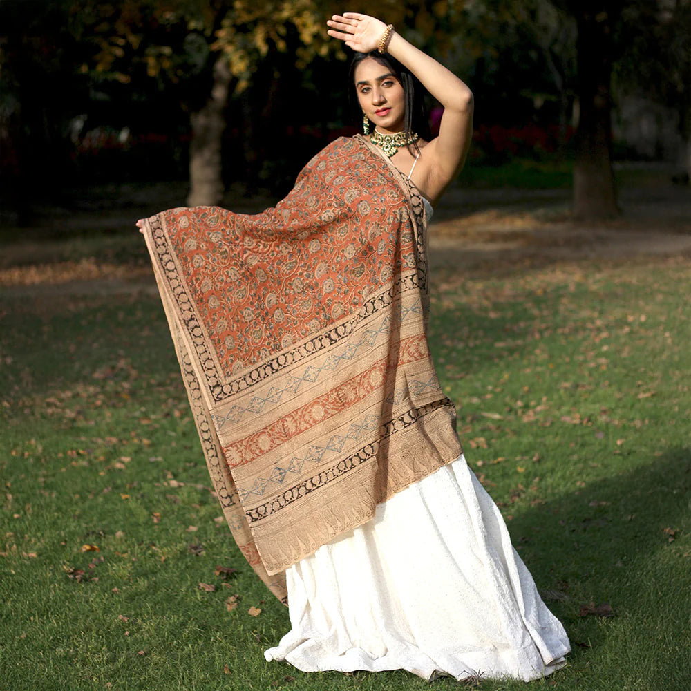 Kalamkari Hand Block Printed Pure Cotton Dupatta – Traditional Floral Print