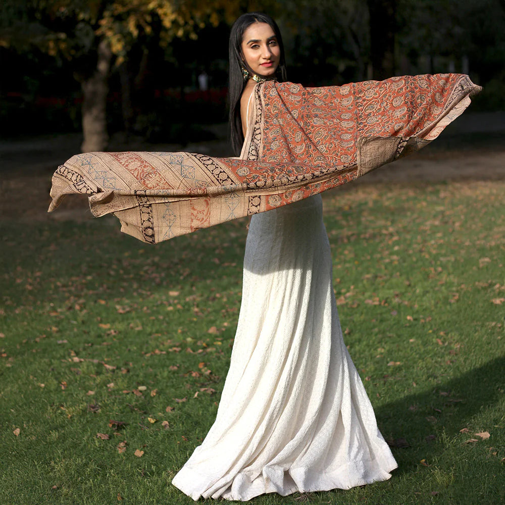 Kalamkari Hand Block Printed Pure Cotton Dupatta – Traditional Floral Print