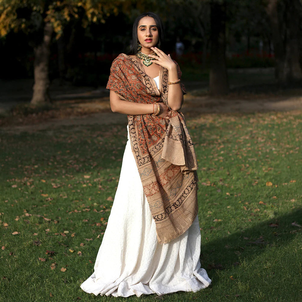Kalamkari Hand Block Printed Pure Cotton Dupatta – Traditional Floral Print