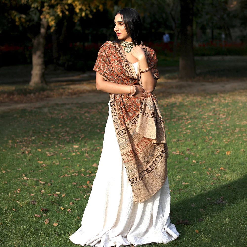 Kalamkari Hand Block Printed Pure Cotton Dupatta – Traditional Floral Print