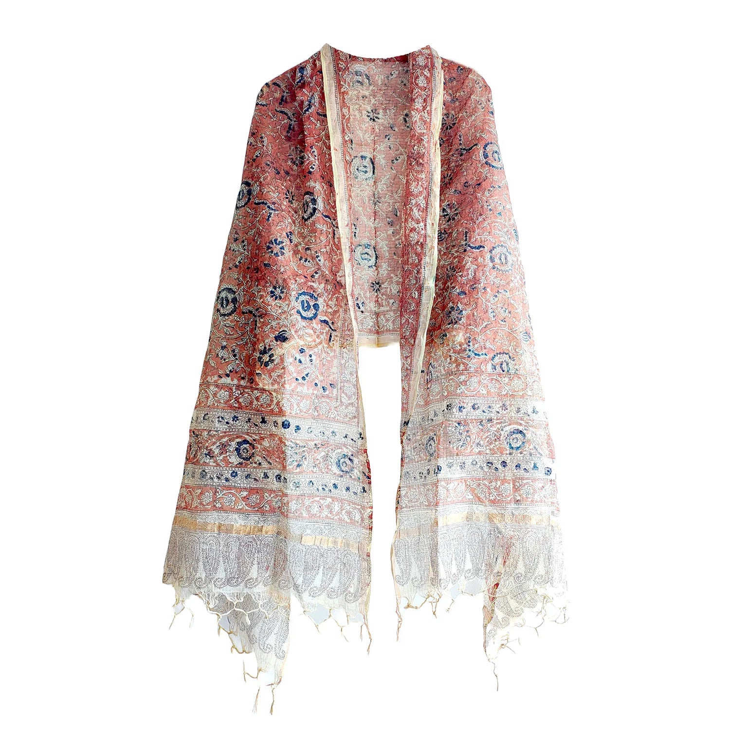 Kota Doria Kalamkari Cotton Silk Orange Colour Floral Dupatta