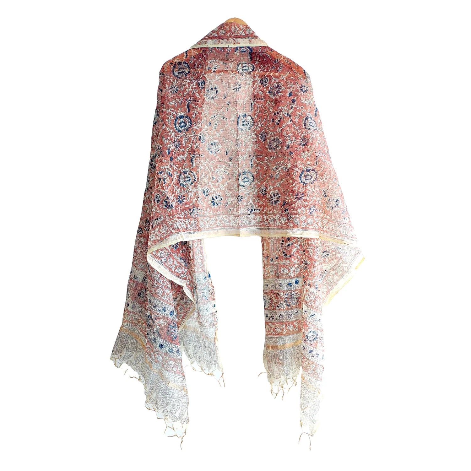 Kota Doria Kalamkari Cotton Silk Orange Colour Floral Dupatta