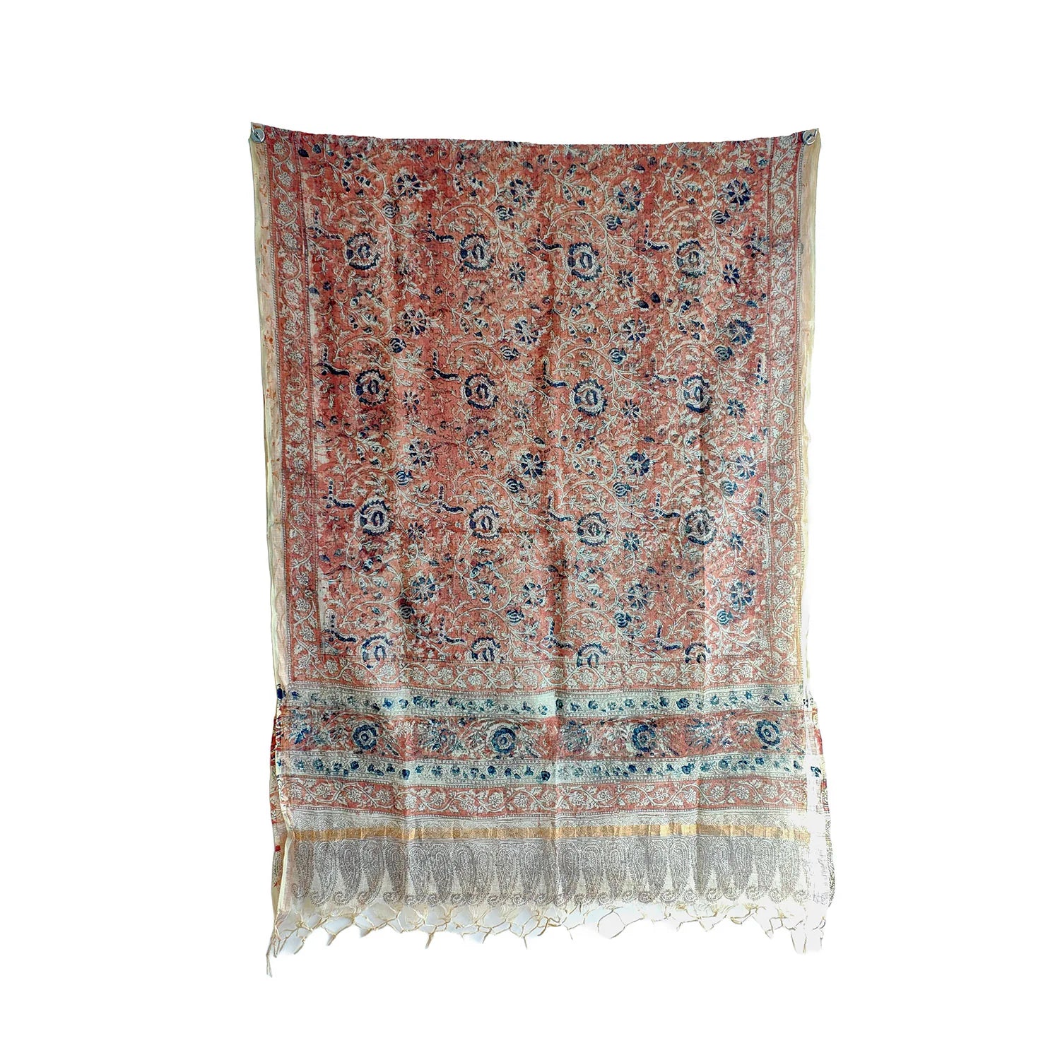 Kota Doria Kalamkari Cotton Silk Orange Colour Floral Dupatta