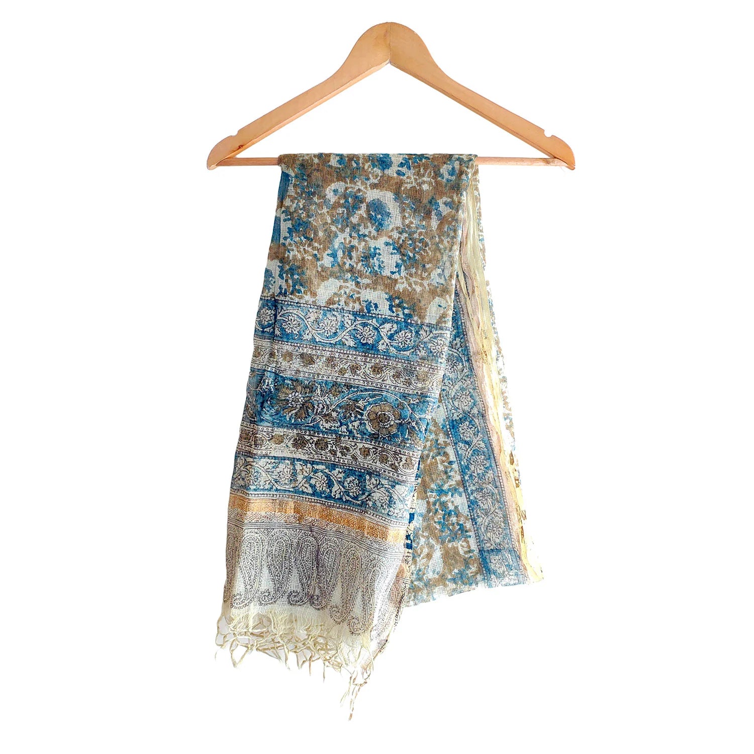 Kota Doria Kalamkari Cotton Silk Orange Colour Floral Dupatta