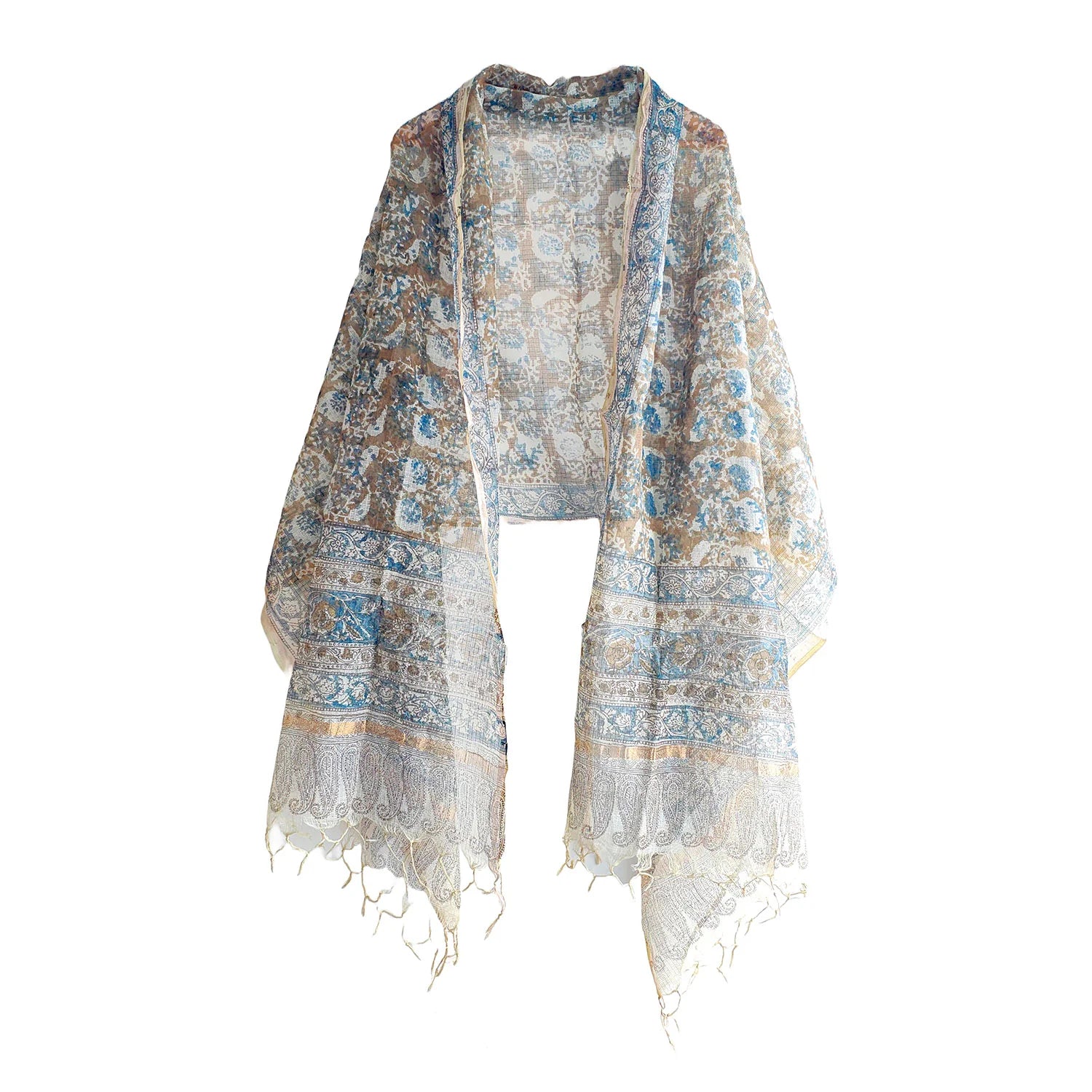 Kota Doria Kalamkari Cotton Silk Orange Colour Floral Dupatta