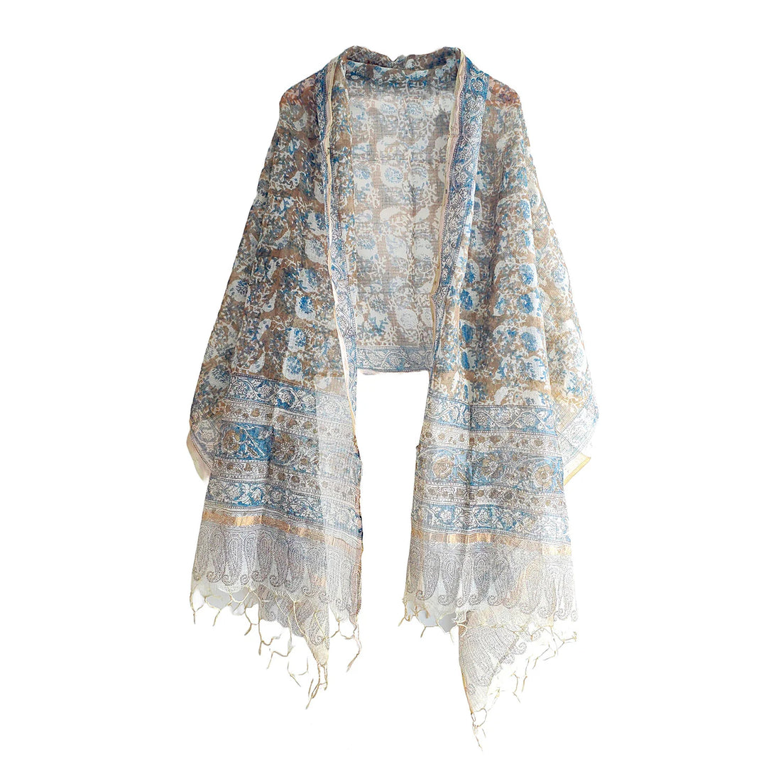 Kota Doria Kalamkari Cotton Silk Orange Colour Floral Dupatta