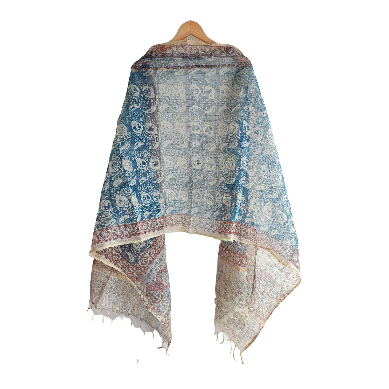 Kota Doria Kalamkari Cotton Silk Blue Colour Floral Dupatta