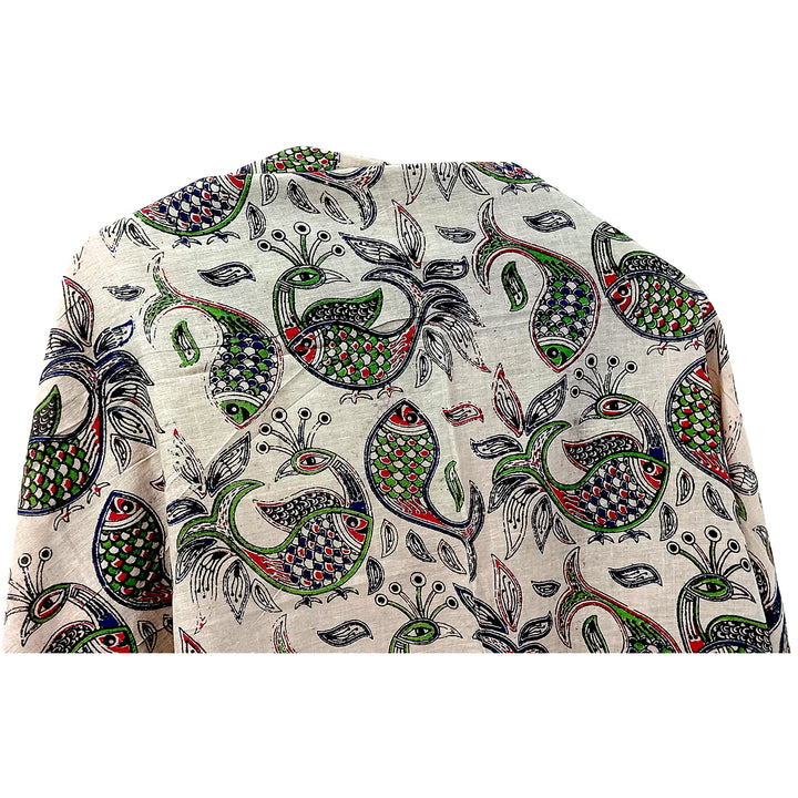 Original Pedana Kalamkari Hand Block Fish and Peacock Print Stole