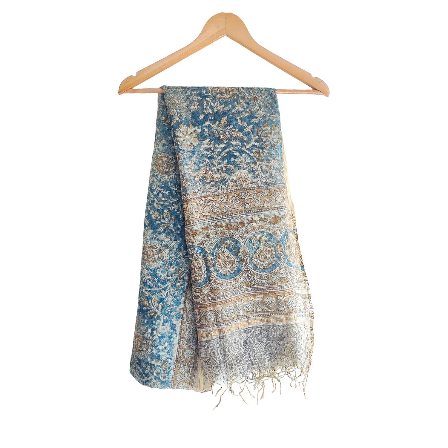 Kota Doria Kalamkari Cotton Silk Red and Blue Colour Floral Dupatta