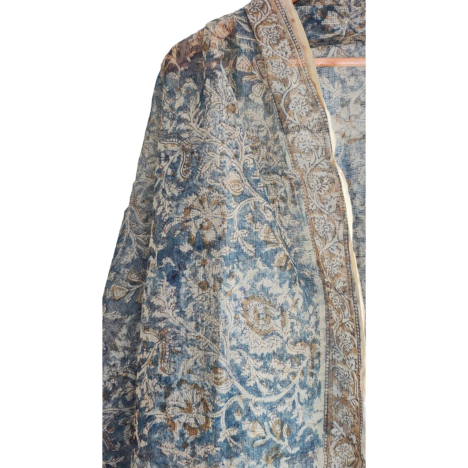 Kota Doria Kalamkari Cotton Silk Red and Blue Colour Floral Dupatta