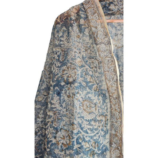 Kota Doria Kalamkari Cotton Silk Red and Blue Colour Floral Dupatta