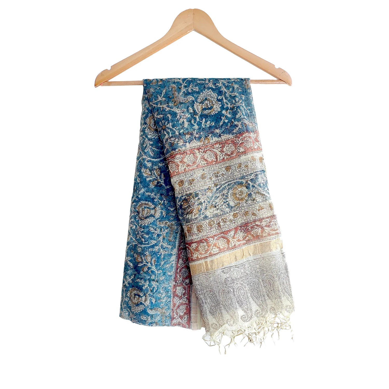 Kota Doria Kalamkari Cotton Silk Light Blue Colour Floral Dupatta