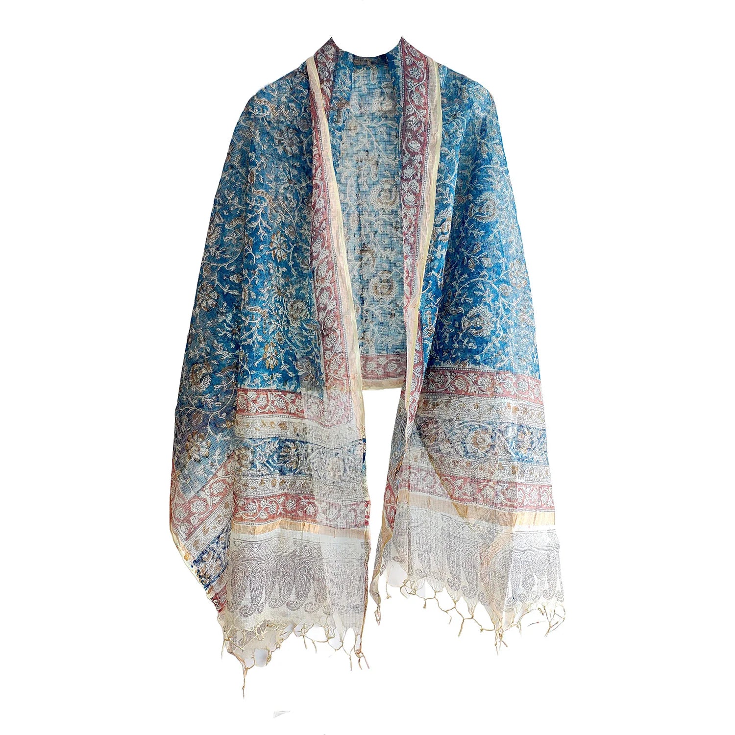 Kota Doria Kalamkari Cotton Silk Light Blue Colour Floral Dupatta