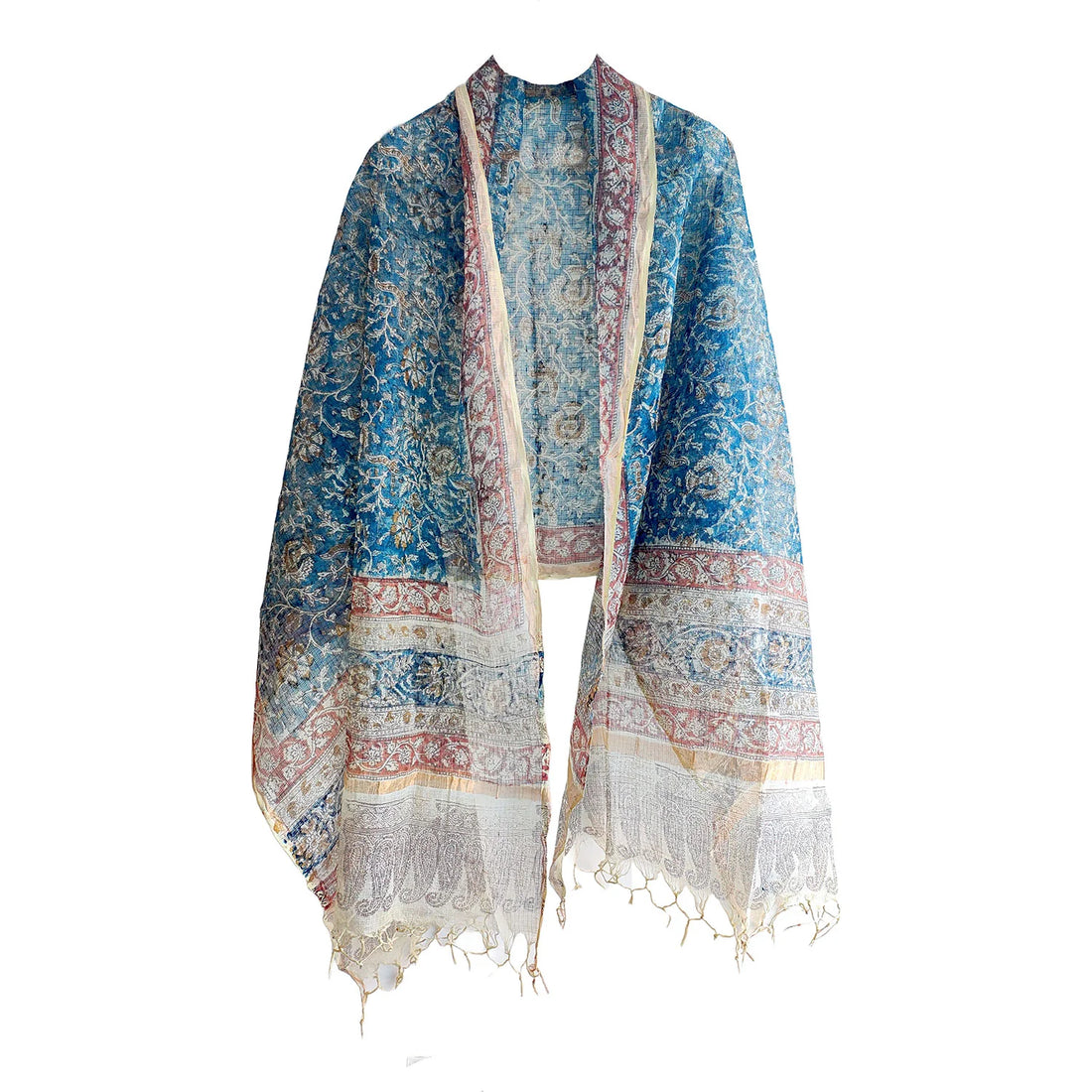 Kota Doria Kalamkari Cotton Silk Light Blue Colour Floral Dupatta