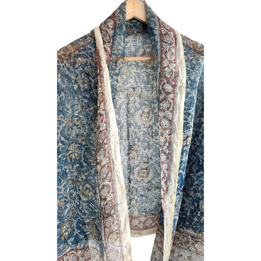 Kota Doria Kalamkari Cotton Silk Light Blue Colour Floral Dupatta