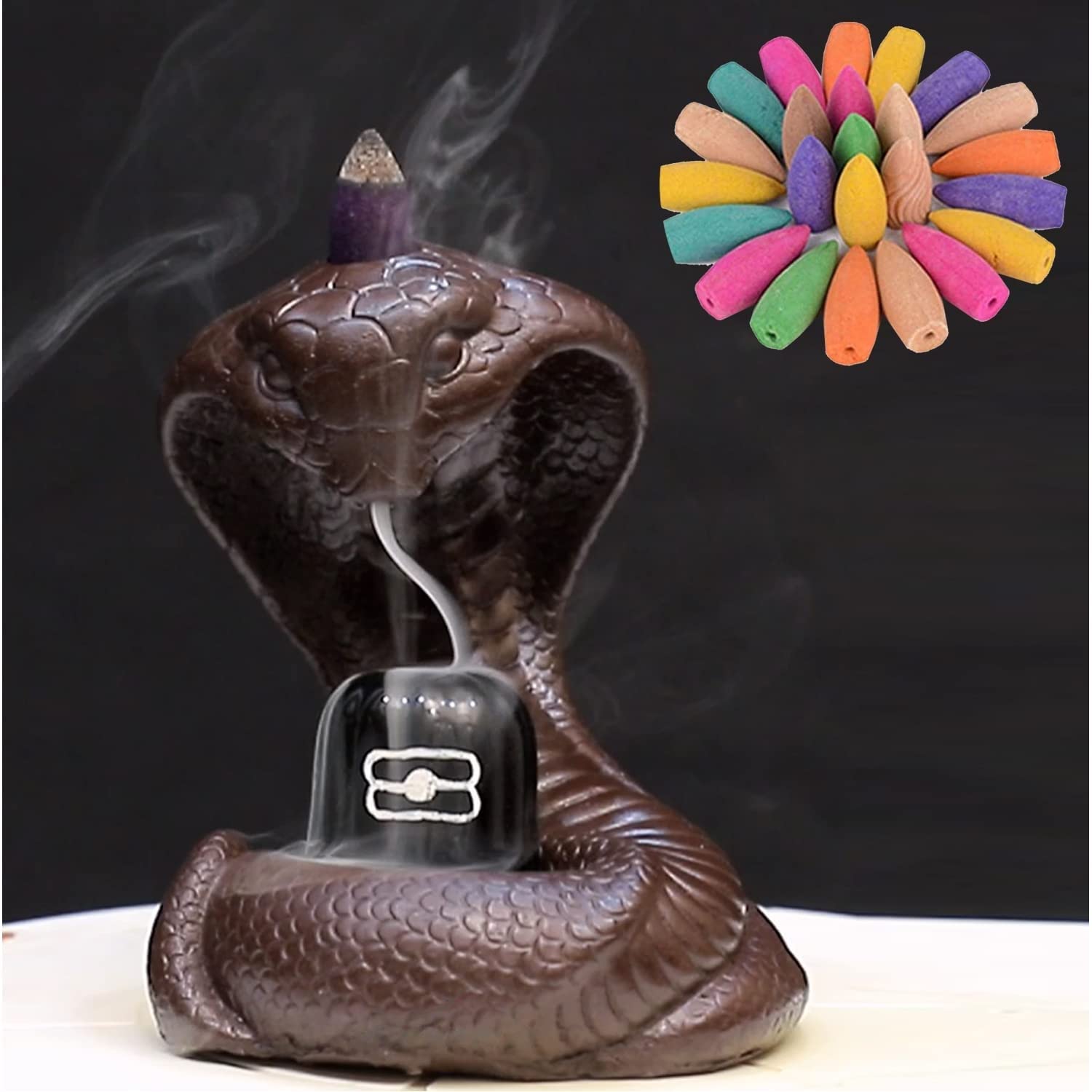 Nag incense burner with 30 backflow incense stick cones for pooja, meditation, prayer, and home decoration.